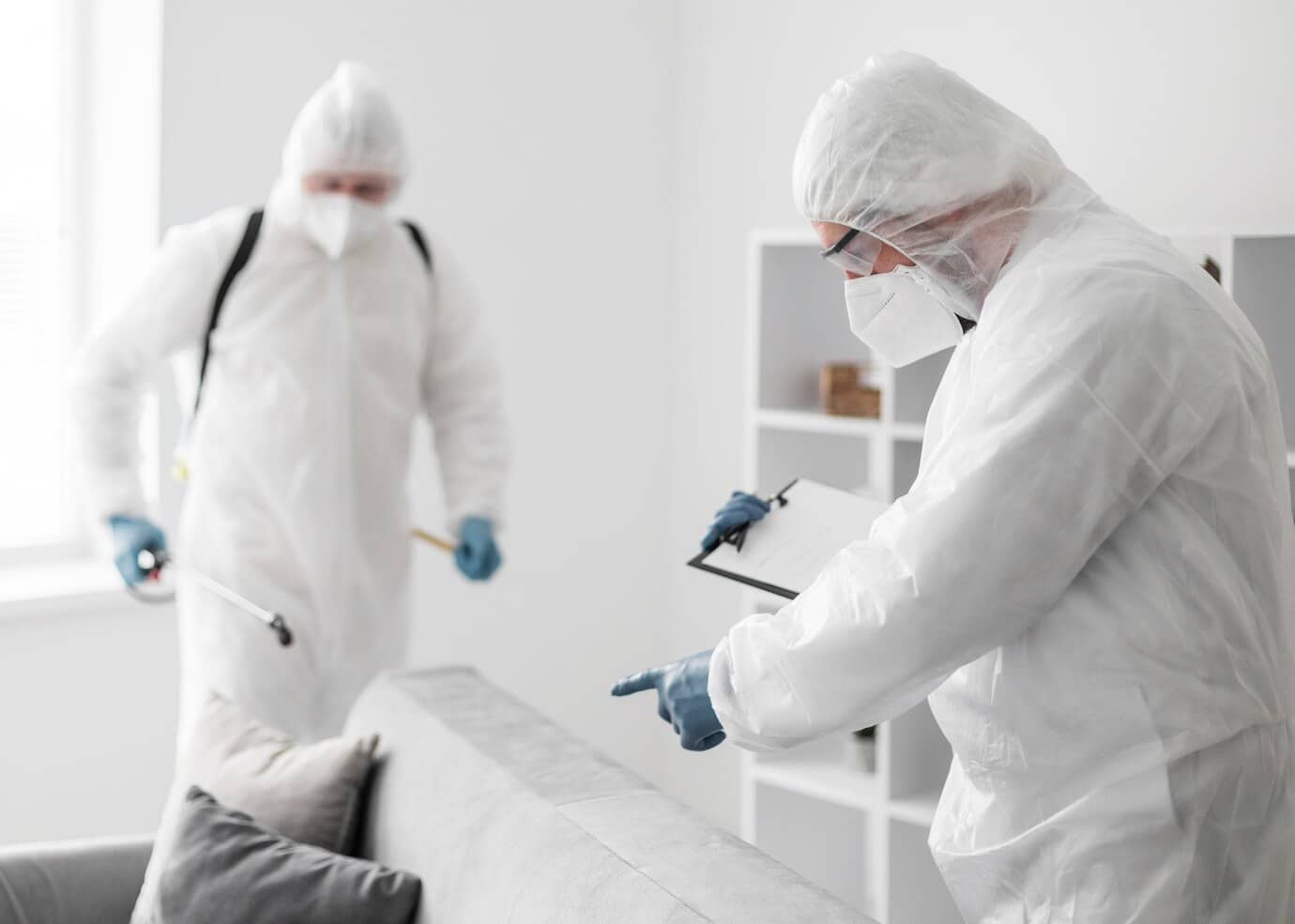 A room containing two people wearing protective gear.
